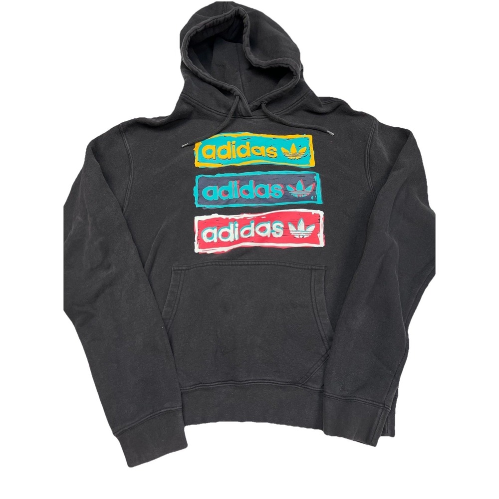 Adidas Mens Black Tri Linear Logo Long Sleeve Pockets Hooded Sweatshirt Size S